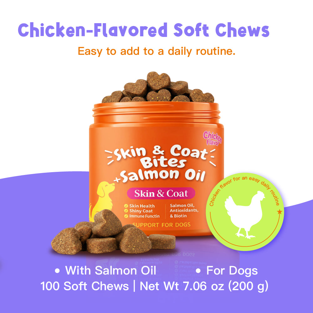 Skin And Coat Soft Chews with Salmon Oil, Omega-3, And Biotin Chicken Flavor for Dogs, 100 Chews Support for Skin And Immunity