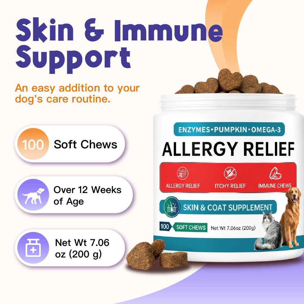 Skin & Immune Support ALLERGY RELIEF 100 Soft Chews for Dogs Helps Maintain Normal Skin Moisture for Dogs Over 12 Weeks Of Age Pumpkin, Quercetin, Turmeric Root, Grape Seed Extract And Bromelain