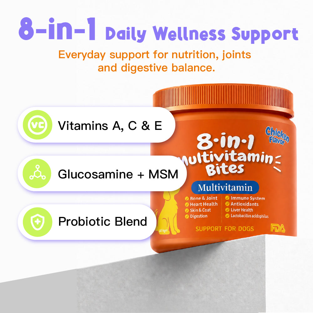 8-in-1 Daily Wellness Support DAILY NUTRITION - Vitamins A, C & E JOINT SUPPORT - Glucosamine + MSM DIGESTIVE SUPPORT - Probiotic Blend 100 Soft Chews For Dogs