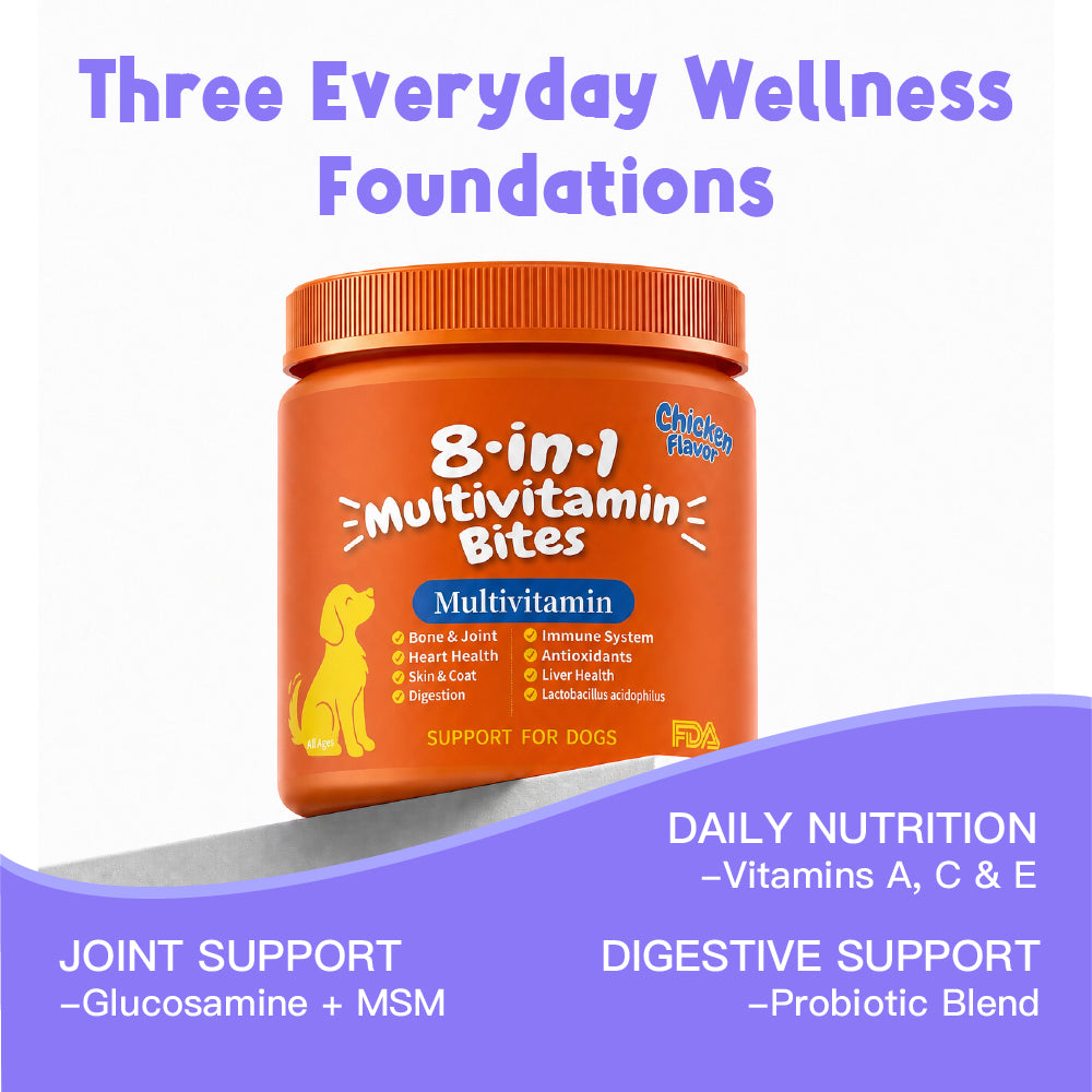 8-in-1 Daily Wellness Support DAILY NUTRITION - Vitamins A, C & E JOINT SUPPORT - Glucosamine + MSM DIGESTIVE SUPPORT - Probiotic Blend 100 Soft Chews For Dogs