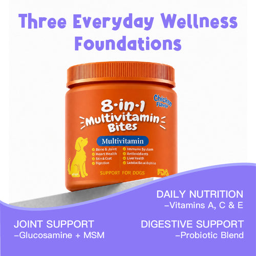 8-in-1 Daily Wellness Support DAILY NUTRITION - Vitamins A, C & E JOINT SUPPORT - Glucosamine + MSM DIGESTIVE SUPPORT - Probiotic Blend 100 Soft Chews For Dogs