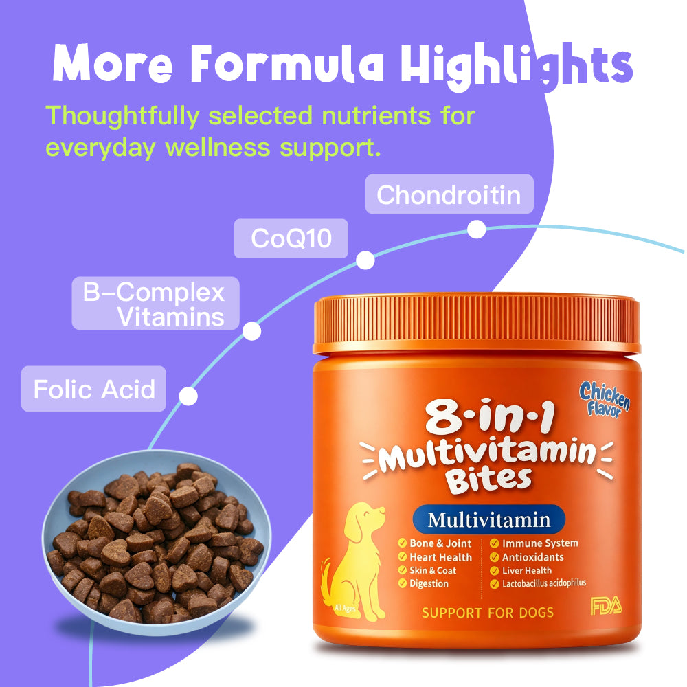 8-in-1 Daily Wellness Support DAILY NUTRITION - Vitamins A, C & E JOINT SUPPORT - Glucosamine + MSM DIGESTIVE SUPPORT - Probiotic Blend 100 Soft Chews For Dogs