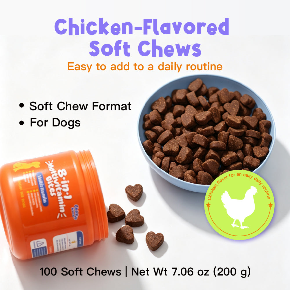 8-in-1 Daily Wellness Support DAILY NUTRITION - Vitamins A, C & E JOINT SUPPORT - Glucosamine + MSM DIGESTIVE SUPPORT - Probiotic Blend 100 Soft Chews For Dogs